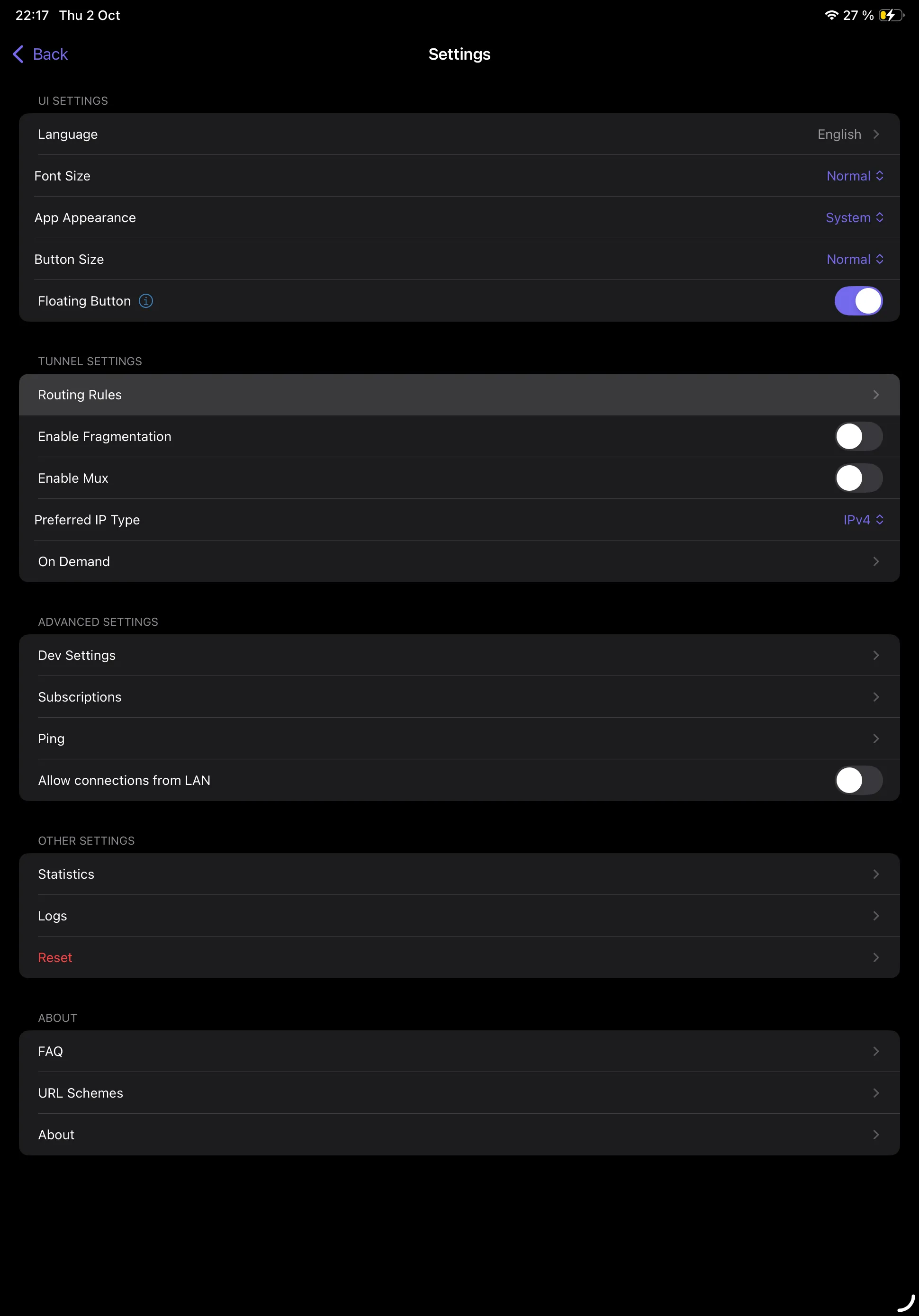 Открытие настроек роутинга